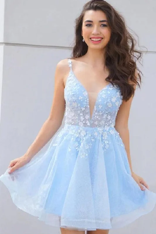 Lace Trimmed Party Dresses with Bow Back for Ladies' Dainty and Feminine LookCute V Neck Light Blue Lace Floral Short Prom Homecoming Dresses PD439 Lace Trimmed Party Dresses with Bow Back for Ladies' Dainty and Feminine LookCute V Neck Light Blue Lace Floral Short Prom Homecoming Dresses PD439
