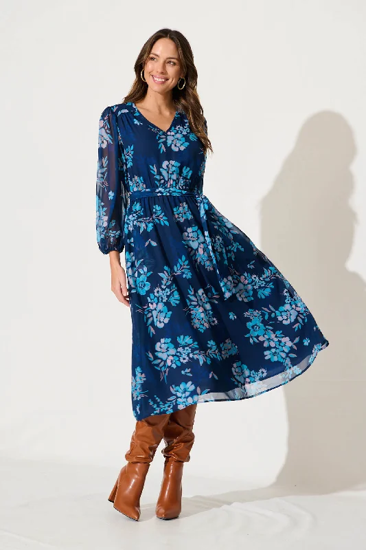 Embroidered lace midi dress for a romantic and delicate touchDahlias Midi Dress In Navy With Blue Floral Chiffon