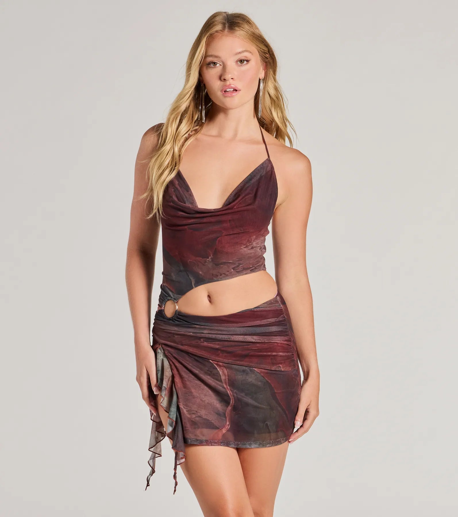 One Shoulder Party Dresses with Lace Overlay for Ladies' Sophisticated AppealDaring Diva Abstract Print Cutout Halter Mini Dress One Shoulder Party Dresses with Lace Overlay for Ladies' Sophisticated AppealDaring Diva Abstract Print Cutout Halter Mini Dress