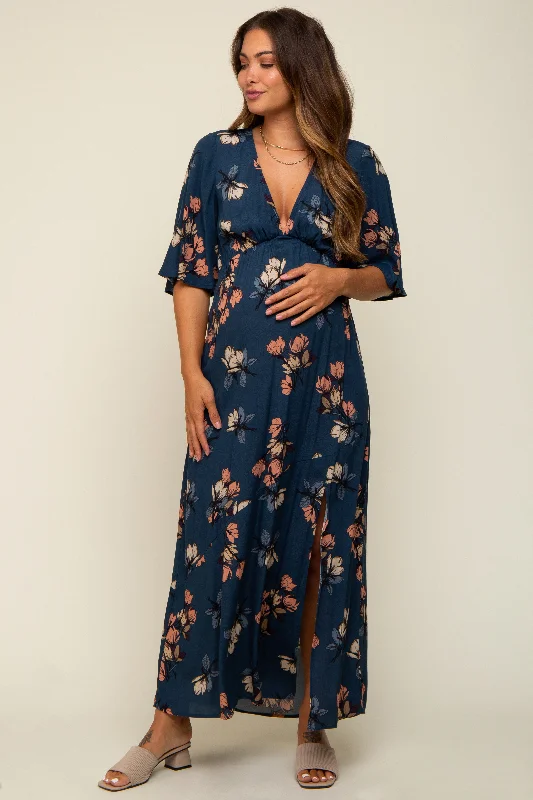 "Work - appropriate dresses for professional women"Dark Teal Floral Deep V-Neck Short Sleeve Front Slit Maternity Maxi Dress "Work - appropriate dresses for professional women"Dark Teal Floral Deep V-Neck Short Sleeve Front Slit Maternity Maxi Dress