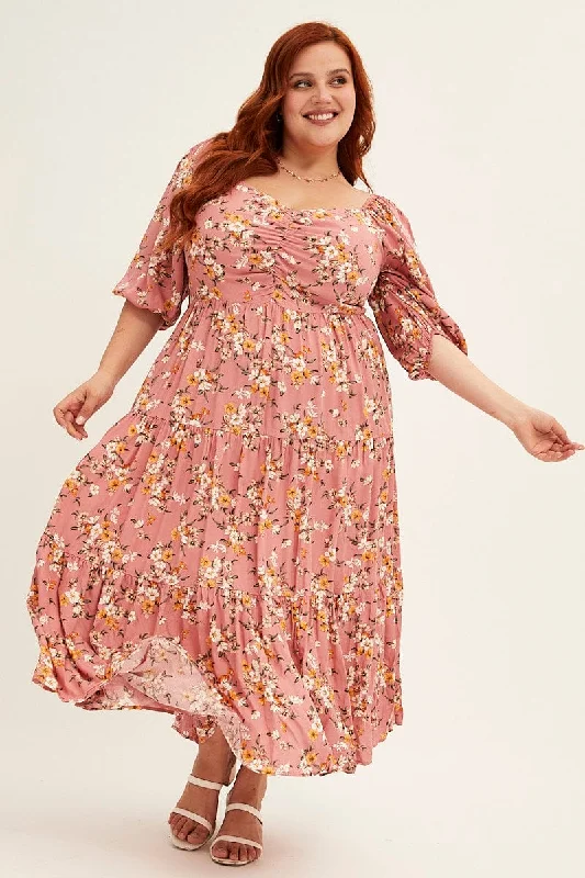 Contemporary - designed midi dress with modern detailsDitsy Print Short Puff Sleeve Pink Ditsy Rayon Midi Dress