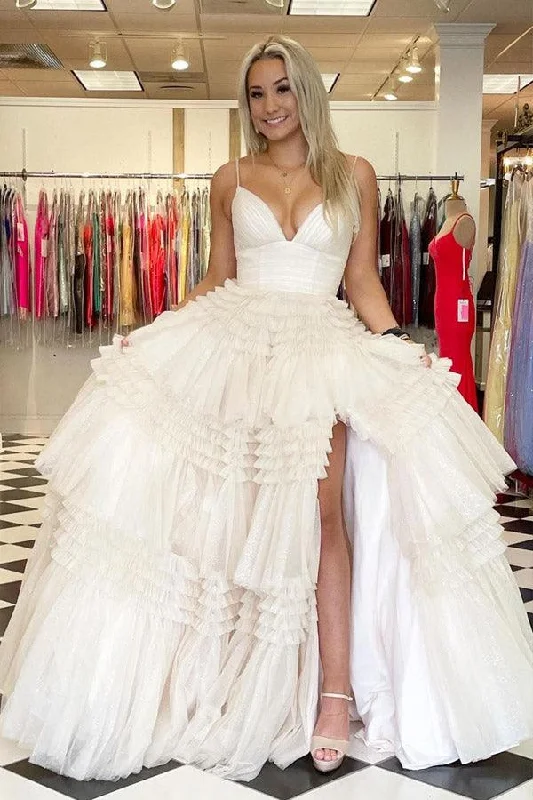 Party Dresses with Sequined Fringe and Tulle Overlay for Ladies' Dazzling and Playful LookElegant Tulle Ball Gown V Neck Side Split Layered Long Prom Dress PSK392 Party Dresses with Sequined Fringe and Tulle Overlay for Ladies' Dazzling and Playful LookElegant Tulle Ball Gown V Neck Side Split Layered Long Prom Dress PSK392