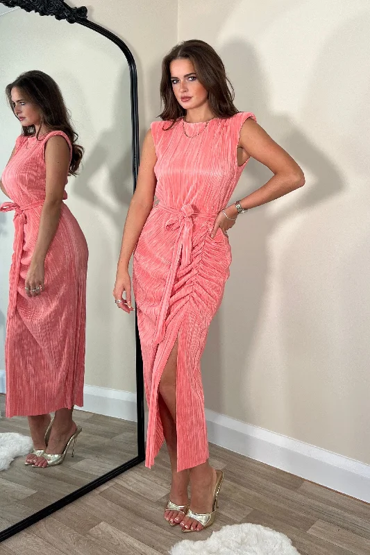 Bow - decorated midi dress for a feminine and charming lookElena Ruched Seamed Midi Dress Coral Bow - decorated midi dress for a feminine and charming lookElena Ruched Seamed Midi Dress Coral