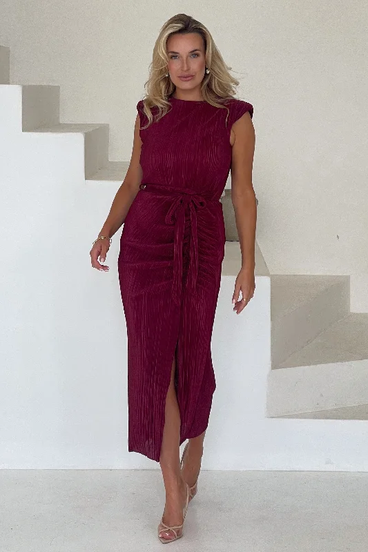 Split - hem midi dress for added mobility and a trendy styleElena Ruched Seamed Midi Dress Wine