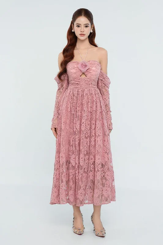 Plus size A - line midi dress with a flattering fitEliana Halter Gathered Lace Midi Dress