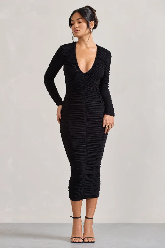 Plus size A - line midi dress with a flattering fitElisabeth | Black V-Neck Long-Sleeved Midi Dress