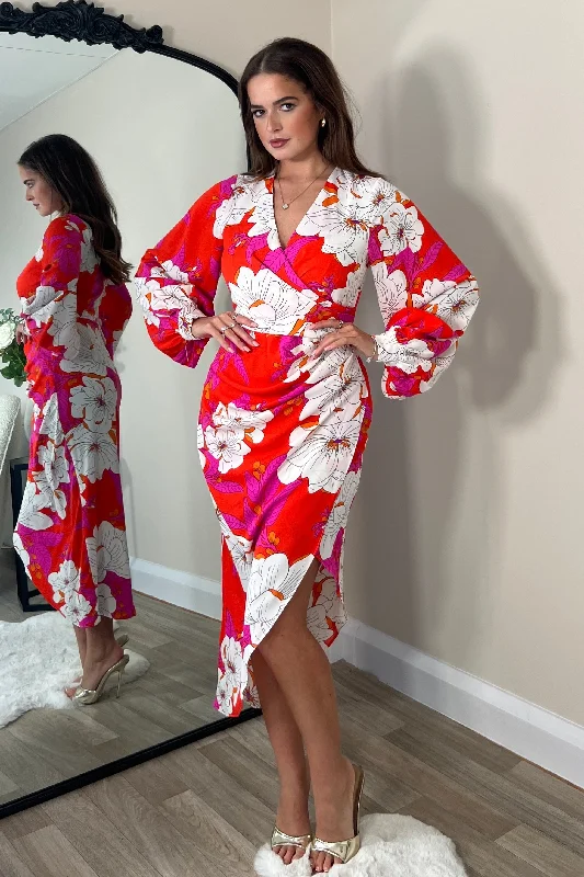 Lace Trimmed Party Dresses with Bow Back for Ladies' Dainty and Feminine LookElsa Red and Pink Floral Wrap Asymmetric Dress Lace Trimmed Party Dresses with Bow Back for Ladies' Dainty and Feminine LookElsa Red and Pink Floral Wrap Asymmetric Dress