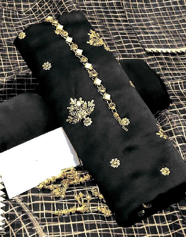 Party Dresses with Sheer Panels and Beaded Trim and Embroidered Paisley Patterns and Ruffled Hem for Ladies' Sultry and Exotic LookEmbroidered Black Shamoz Silk Party Wear Dress with Shamoz Silk Trouser (DZ14633) Party Dresses with Sheer Panels and Beaded Trim and Embroidered Paisley Patterns and Ruffled Hem for Ladies' Sultry and Exotic LookEmbroidered Black Shamoz Silk Party Wear Dress with Shamoz Silk Trouser (DZ14633)