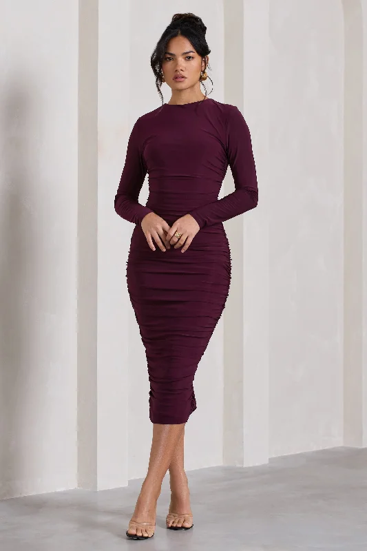 Plaid midi dress for a classic and preppy styleEmilie | Plum Ruched Long-Sleeve Midi Dress