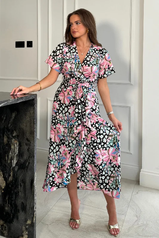 Party Dresses with Bell Sleeves and Ruffled Hem for Ladies' Retro CharmFarrah Wrap Hem Frill Detail Maxi Dress Pink Party Dresses with Bell Sleeves and Ruffled Hem for Ladies' Retro CharmFarrah Wrap Hem Frill Detail Maxi Dress Pink