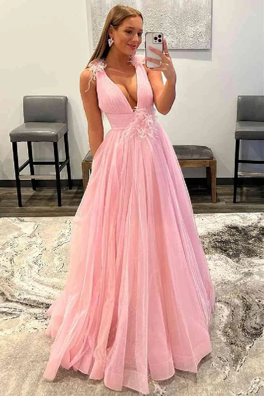 Party Dresses with Ruffled Hem and Bow at the Waist and Satin Ribbon for Ladies' Sweet and Feminine LookFeathers Backless Pink Plunging V-Neck Tulle Long Formal Dress PSK401 Party Dresses with Ruffled Hem and Bow at the Waist and Satin Ribbon for Ladies' Sweet and Feminine LookFeathers Backless Pink Plunging V-Neck Tulle Long Formal Dress PSK401