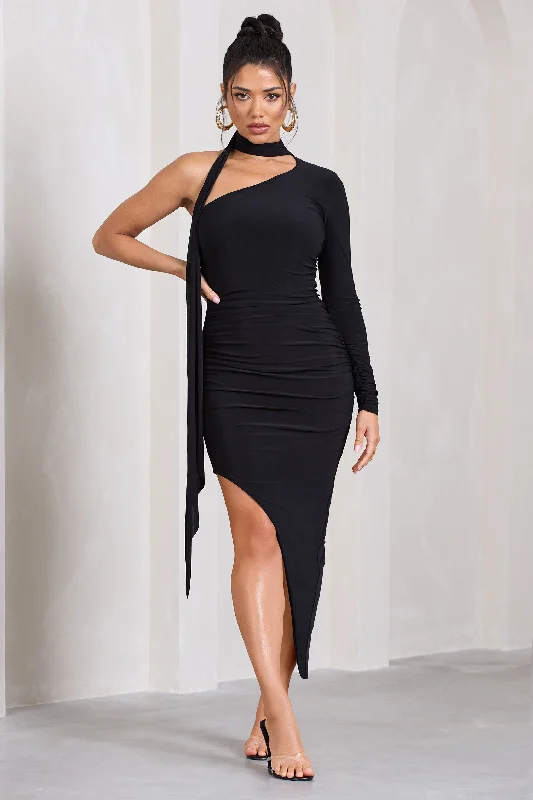 Luxury midi dress made from premium materialsFirestorm | Black Asymmetric One-Sleeved Midi Dress With Scarf
