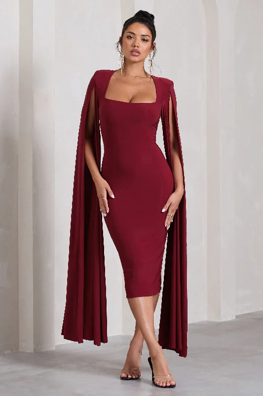 Velvet midi dress for a luxurious and soft feelFlawless | Berry Square Neck Midi Dress With Cape Sleeves