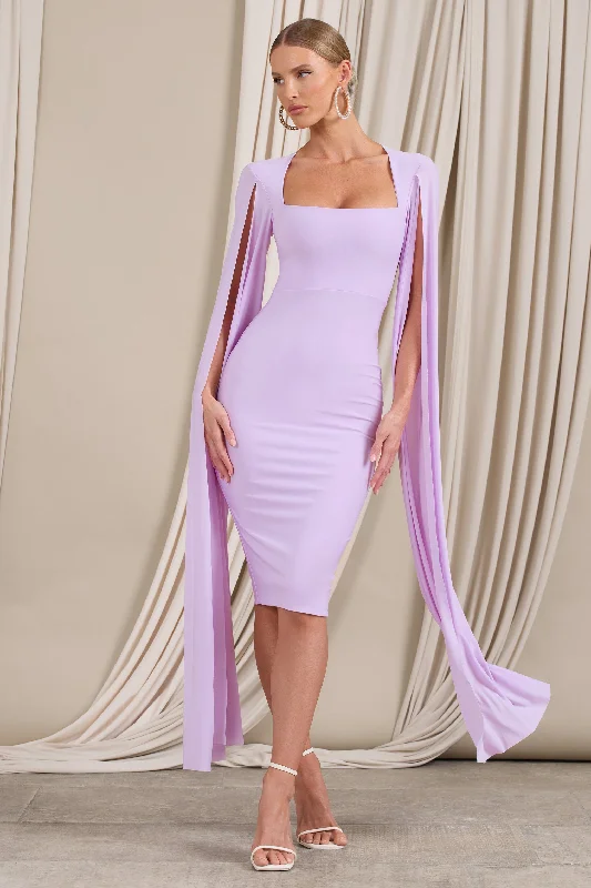Bell - sleeve midi dress for a bohemian and stylish appearanceFlawless | Lilac Square Neck Midi Dress With Cape Sleeves