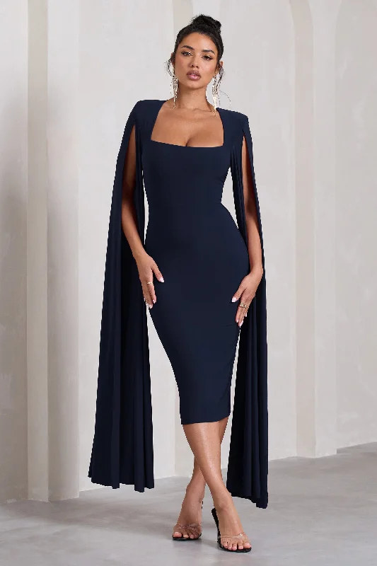 Midi dress for a yoga class with a flexible and breathable fabricFlawless | Navy Square Neck Midi Dress With Cape Sleeves