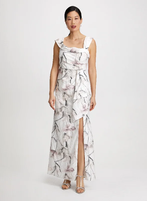Party Dresses with Satin Trimmed Collar and Ruffled Hem for Ladies' Classic and Girly LookFloral Asymmetric Ruffle Dress Party Dresses with Satin Trimmed Collar and Ruffled Hem for Ladies' Classic and Girly LookFloral Asymmetric Ruffle Dress