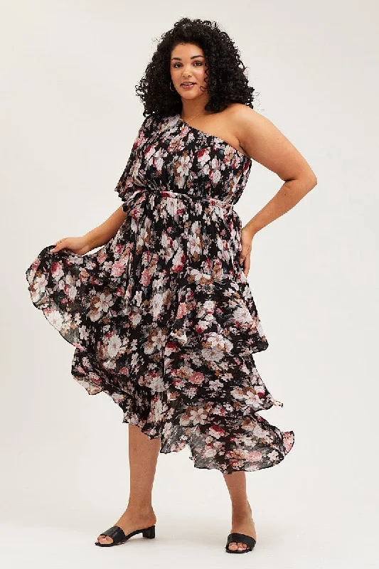 Midi dress for tall women with extra - long lengthsFloral Print Midi Dress One Shoulder Long Sleeve