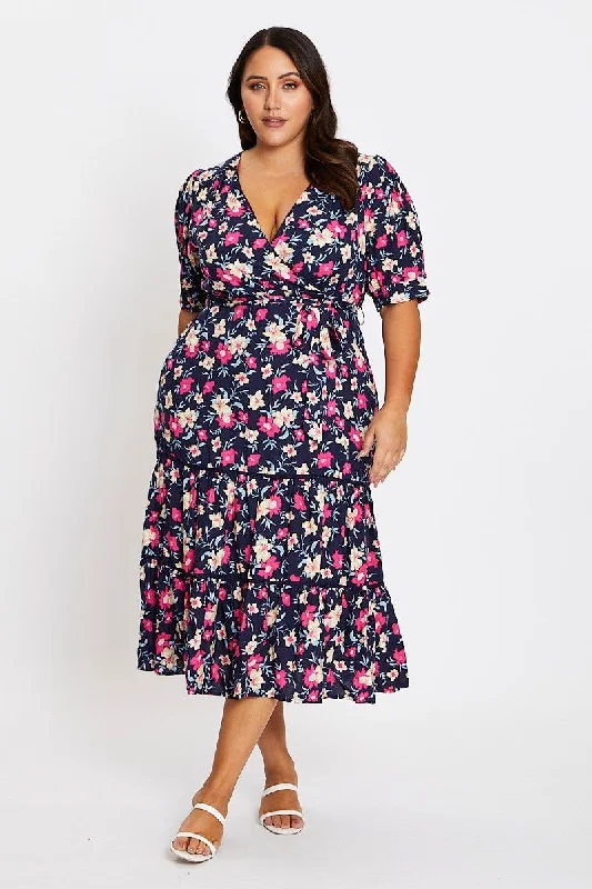 Midi dress for curvy figures with a flattering fitFloral Print Short Sleeve Puff Sleeve Midi Dress