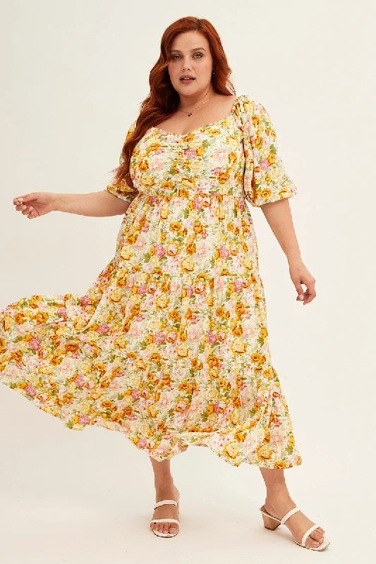 Celebrity - endorsed midi dress popularized by famous personalitiesFloral Print Short Puff Sleeve Multi Floral Rayon Midi Dress