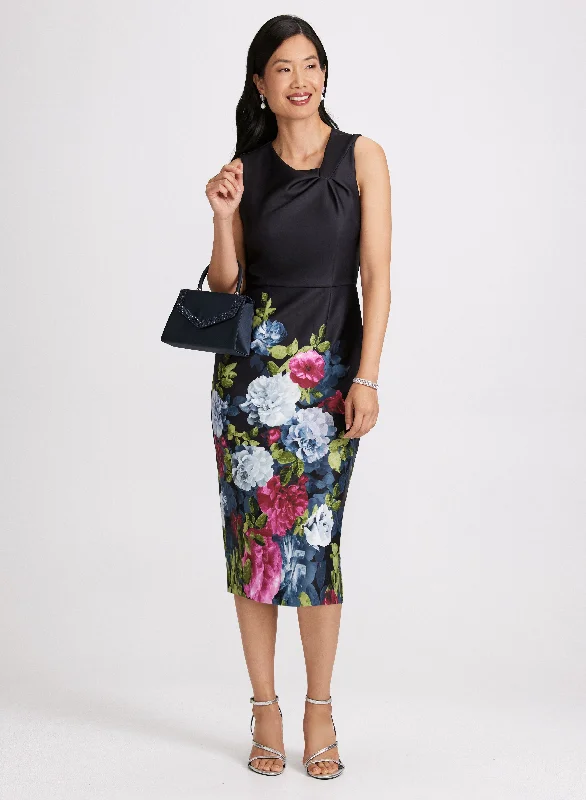 Party Dresses with Ruffled Hem and Bow at the Waist and Satin Ribbon for Ladies' Sweet and Feminine LookFloral Twist-Neck Sheath Dress