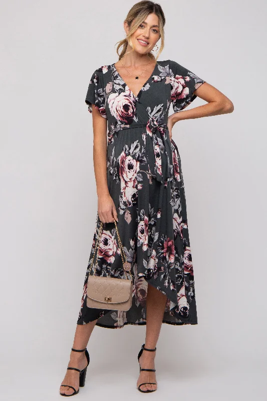 "Stylish cocktail dresses for women on a budget"Forest Green Floral High-Low Maternity Wrap Dress "Stylish cocktail dresses for women on a budget"Forest Green Floral High-Low Maternity Wrap Dress