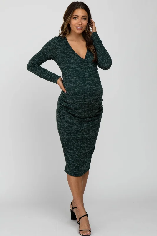 "Midi dresses for women with unique patterns"Forest Green Heather Wrap Fitted Maternity Dress
