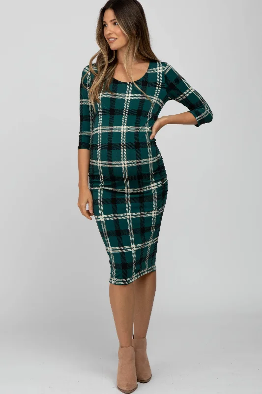 "Wrap dresses for women for an adjustable fit"Forest Green Plaid 3/4 Sleeve Ruched Maternity Dress "Wrap dresses for women for an adjustable fit"Forest Green Plaid 3/4 Sleeve Ruched Maternity Dress