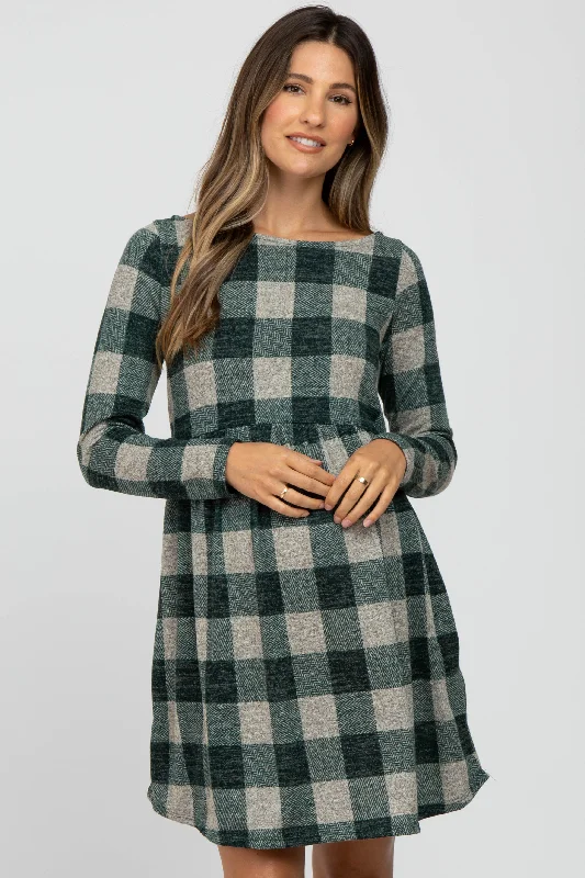 "Pleated dresses for women with a graceful movement"Forest Green Plaid Knit Maternity Dress "Pleated dresses for women with a graceful movement"Forest Green Plaid Knit Maternity Dress