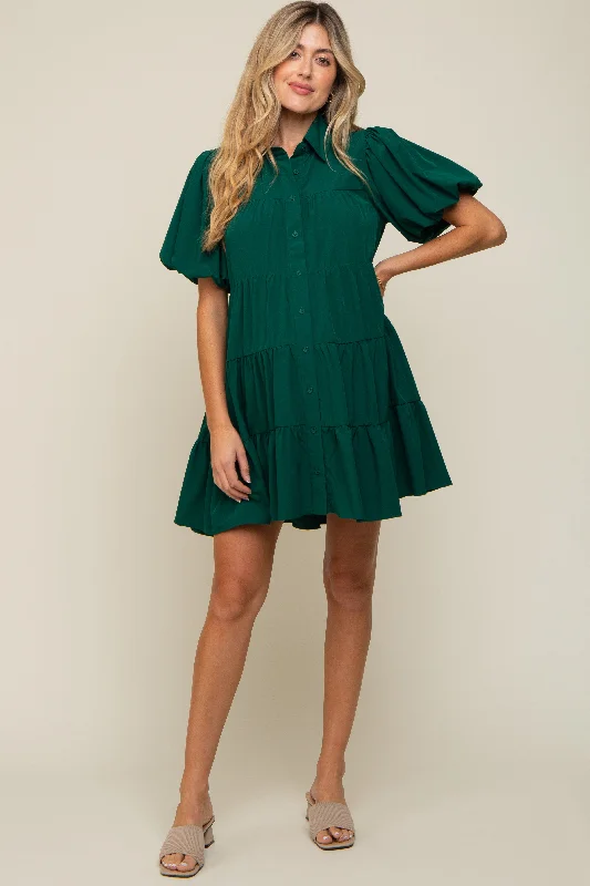"Long sleeve dresses for women in cold weather"Forest Green Puff Sleeve Maternity Mini Shirt Dress "Long sleeve dresses for women in cold weather"Forest Green Puff Sleeve Maternity Mini Shirt Dress