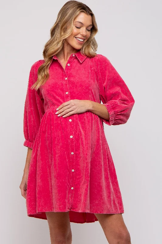 "Floral print dresses for women for a feminine look"Fuchsia Corduroy Button Down Collared Maternity Dress "Floral print dresses for women for a feminine look"Fuchsia Corduroy Button Down Collared Maternity Dress