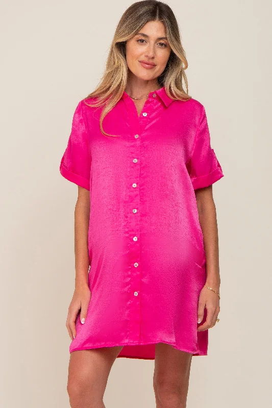 "Plus size formal dresses for women for special events"Fuchsia Satin Button Front Short Sleeve Maternity Dress "Plus size formal dresses for women for special events"Fuchsia Satin Button Front Short Sleeve Maternity Dress