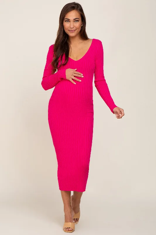 "Midi dresses for women with unique patterns"Fuchsia V-Neck Long Sleeve Fitted Maternity Maxi Dress "Midi dresses for women with unique patterns"Fuchsia V-Neck Long Sleeve Fitted Maternity Maxi Dress