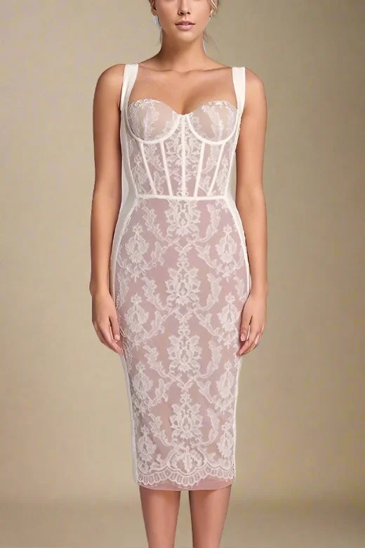 Midi dress for a gym session if it has sufficient stretchGenevieve Bodycon Lace Midi Dress - Pearl White