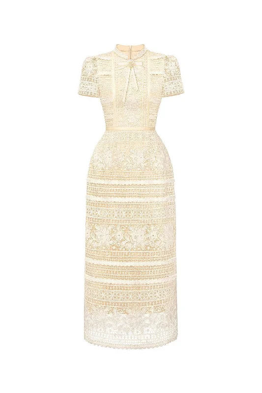 Wrap - around midi dress for a flattering and adjustable fitGiovanna Sheath Mandarin Neck Lace Midi Dress