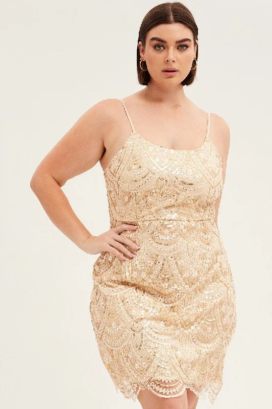 Party Dresses with Ruffled Sleeves and High Neck for Ladies' Dramatic and Elegant LookGold Mini Dress Shoestring Strap Scalloped Hem Sequin Party Dresses with Ruffled Sleeves and High Neck for Ladies' Dramatic and Elegant LookGold Mini Dress Shoestring Strap Scalloped Hem Sequin