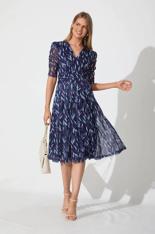 Cold - shoulder midi dress for a trendy and modern styleGraceland Midi Dress In Navy Print