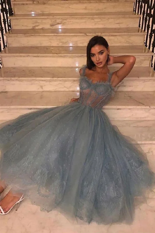 Party Dresses with High Low Sheer Skirt and Embroidered Birds for Ladies' Nature Inspired and Dramatic LookGray Blue Tulle Lace Tea Length Prom Dress Tulle Lace Homecoming Dress PD444 Party Dresses with High Low Sheer Skirt and Embroidered Birds for Ladies' Nature Inspired and Dramatic LookGray Blue Tulle Lace Tea Length Prom Dress Tulle Lace Homecoming Dress PD444