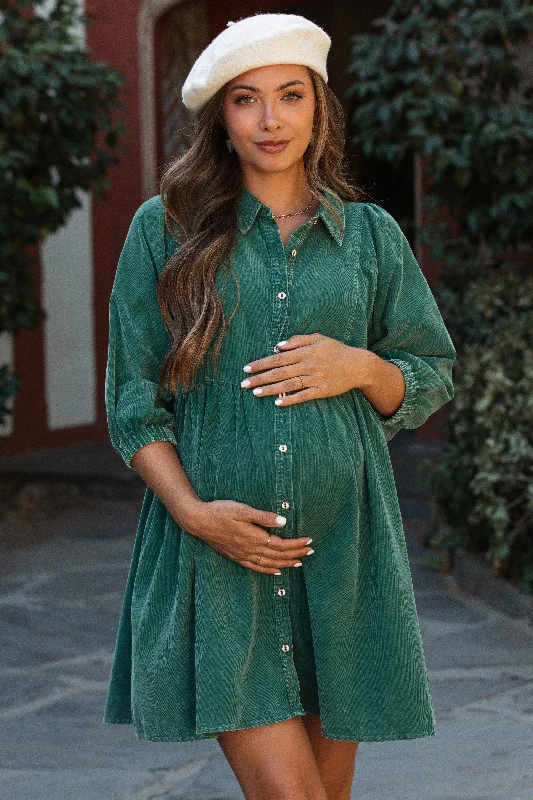 "Beaded dresses for women for a glamorous look"Green Corduroy Button Down Collared Maternity Dress "Beaded dresses for women for a glamorous look"Green Corduroy Button Down Collared Maternity Dress