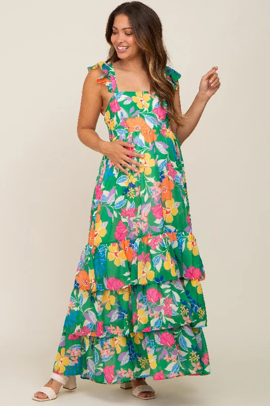"Bodycon dresses for women to show off curves"Green Floral Chiffon Square Neck Ruffle Maternity Maxi Dress "Bodycon dresses for women to show off curves"Green Floral Chiffon Square Neck Ruffle Maternity Maxi Dress