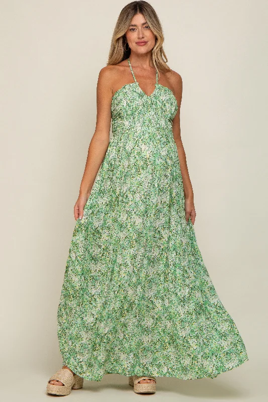 "Wrap dresses for women for an adjustable fit"Green Floral Halter Neck Maternity Maxi Dress "Wrap dresses for women for an adjustable fit"Green Floral Halter Neck Maternity Maxi Dress