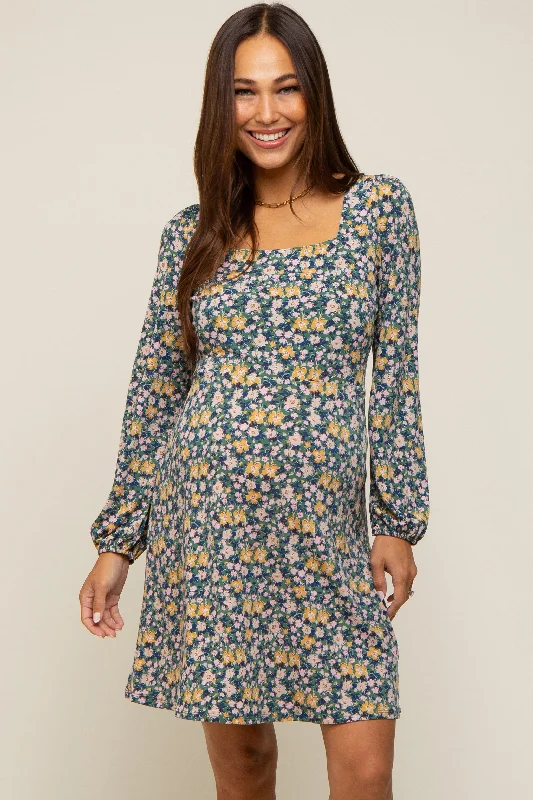 "Satin dresses for women for a luxurious appearance"Green Floral Long Sleeve Maternity Dress "Satin dresses for women for a luxurious appearance"Green Floral Long Sleeve Maternity Dress