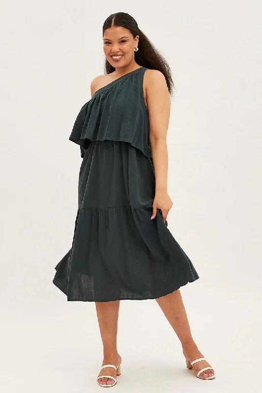 Midi dress for a picnic in the park with a relaxed and comfortable fitGreen Midi Dress One Shoulder Frill Linen Blend