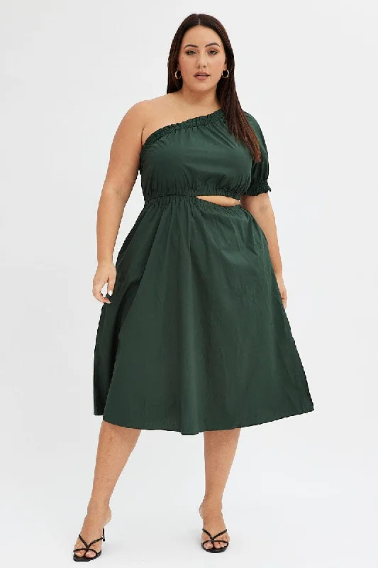 Tea - length midi dress for a classic and elegant lengthGreen Midi Dress One Sleeve With Pockets Cotton
