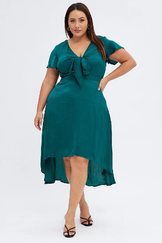 Midi dress for outdoor adventures such as hiking and campingGreen Midi Dress Short Sleeve Tie Back Satin