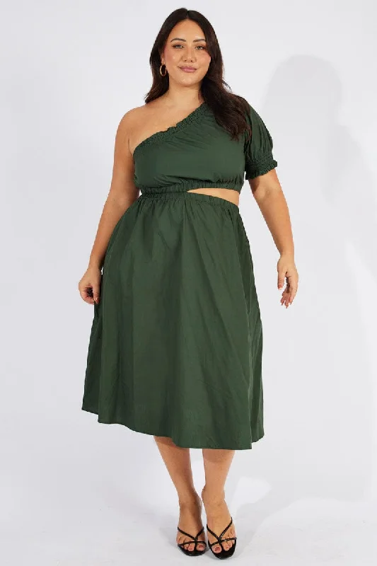 Midi dress for casual outings like hanging out with friendsGreen One Sleeve Cotton Midi Dress With Pockets