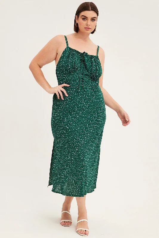 Midi dress for a date when styled with a cute top and heelsGreen Polka Dot Midi Dress Sleeveless Ruched Bust