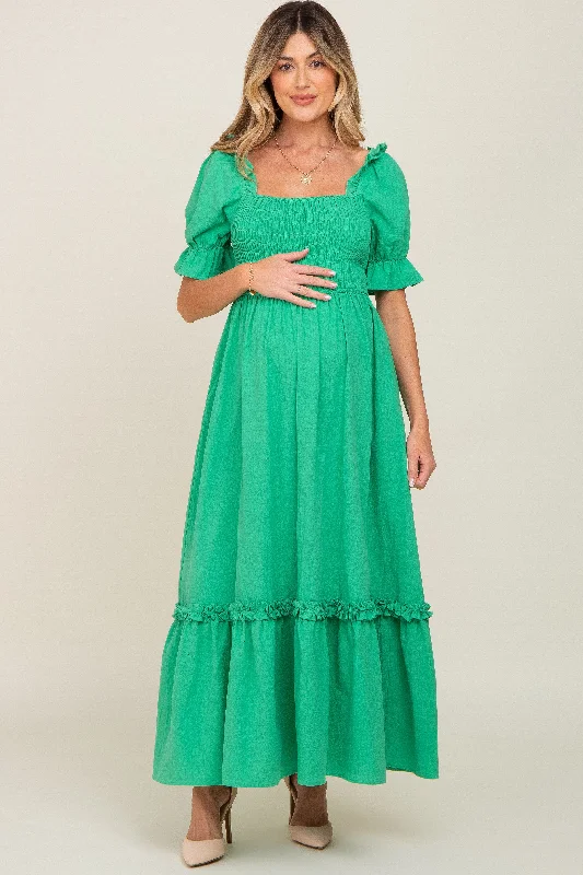 "Lace dresses for women for a romantic and elegant look"Green Puff Sleeve Ruffle Accent Maternity Maxi Dress "Lace dresses for women for a romantic and elegant look"Green Puff Sleeve Ruffle Accent Maternity Maxi Dress