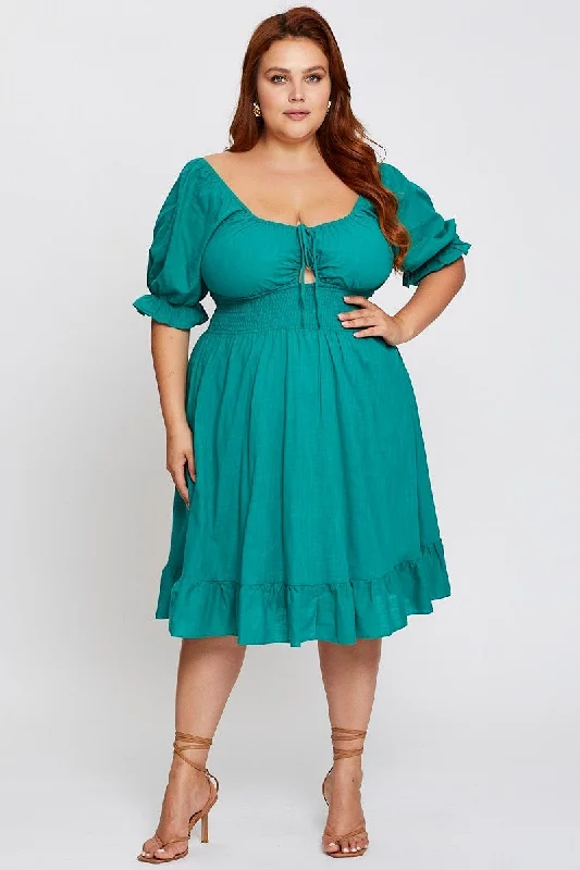 Party Dresses with Satin and Lace Trimmed Neckline and Ruffled Sleeves for Ladies' Sophisticated and Girly LookGreen Short Puff Sleeve Peephole Skater Dress Party Dresses with Satin and Lace Trimmed Neckline and Ruffled Sleeves for Ladies' Sophisticated and Girly LookGreen Short Puff Sleeve Peephole Skater Dress