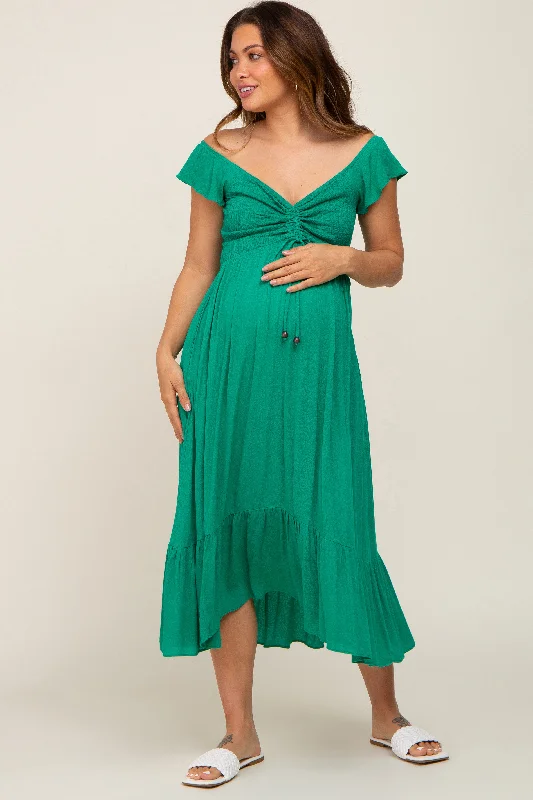"Striped dresses for women with a classic touch"Green Smocked Ruched Ruffle Hem Maternity Maxi Dress "Striped dresses for women with a classic touch"Green Smocked Ruched Ruffle Hem Maternity Maxi Dress