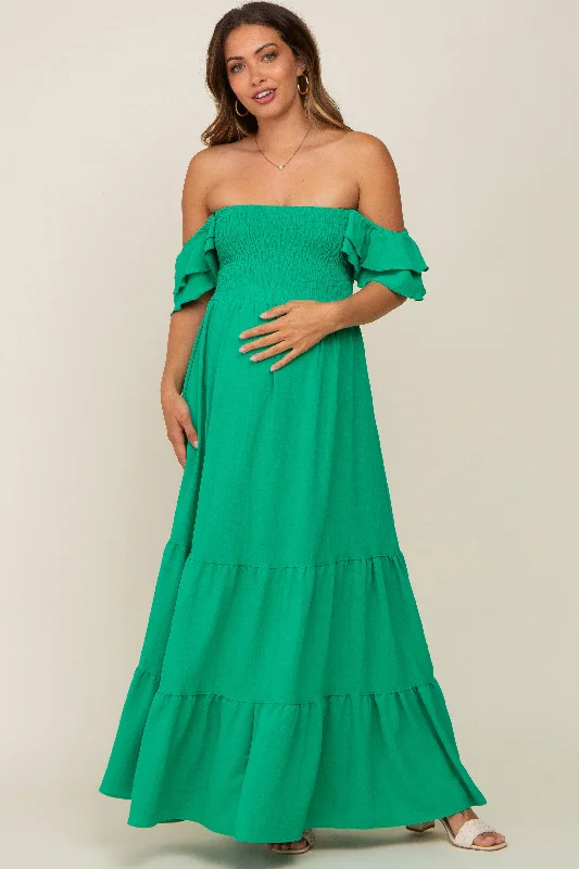 "Simple wedding dresses for women who prefer understated elegance"Green Smocked Ruffle Off Shoulder Tiered Maternity Maxi Dress "Simple wedding dresses for women who prefer understated elegance"Green Smocked Ruffle Off Shoulder Tiered Maternity Maxi Dress